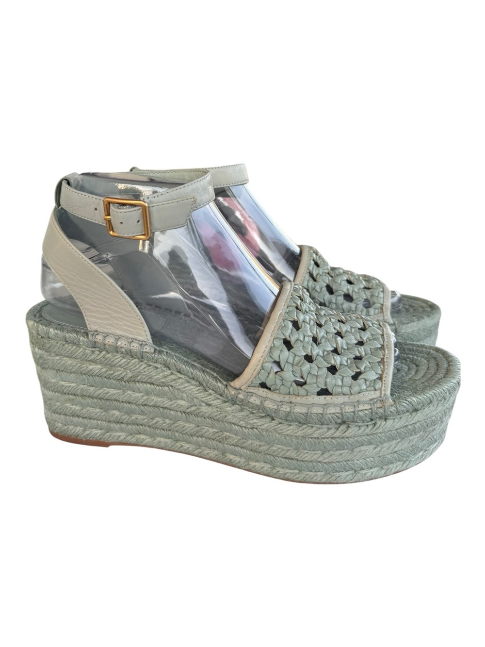 Tory Burch Sage Green Woven Leather Espadrille Wedge Sandals Size 8 | NWT